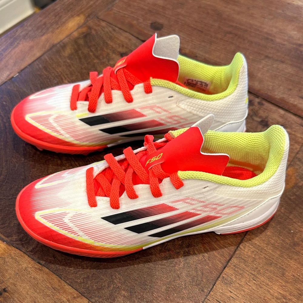 adidas F-50 Kids Neon Yellow, White & Red Soccer Turf Sneakers